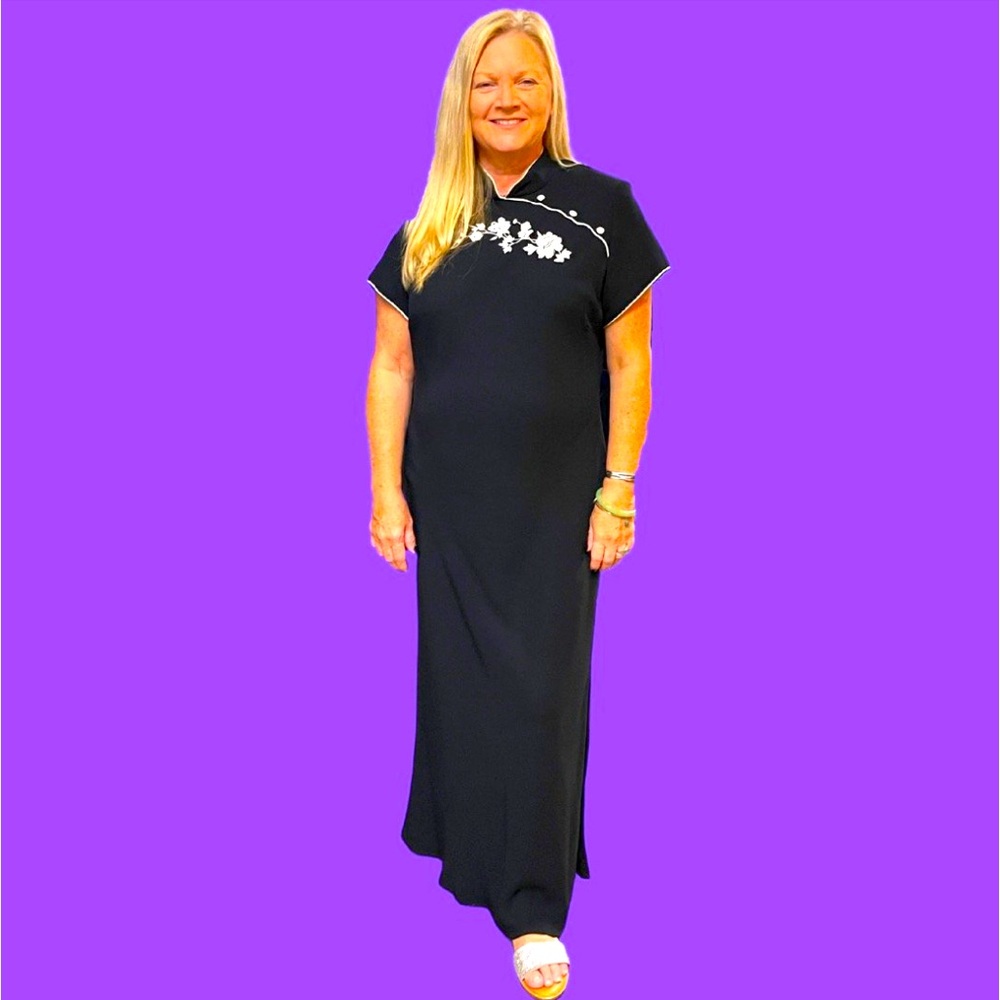 Size 20W Retro S.L. Fashion Woman Black Chinese Inspired Maxi Dress white Flower